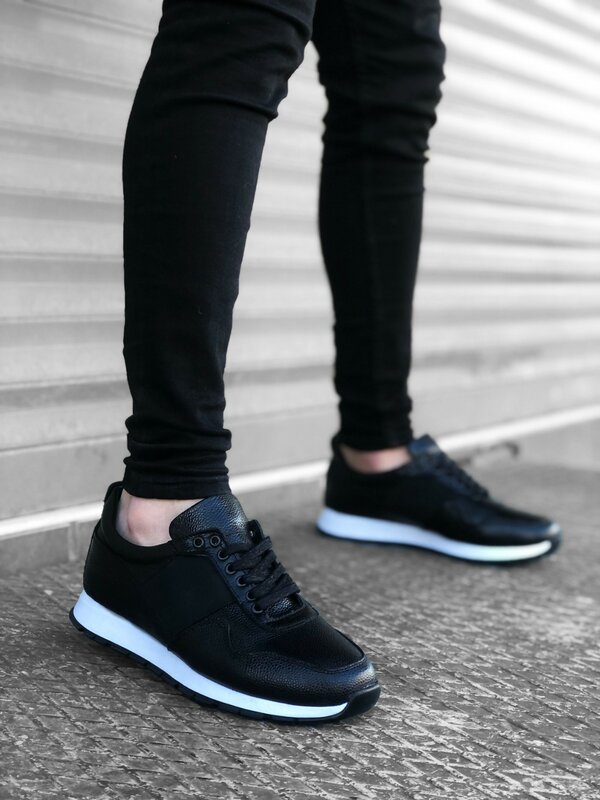 BA0193 Banded Inside Outside Genuine Leather Comfortable Sole Black Sneakers Casual Men Shoes