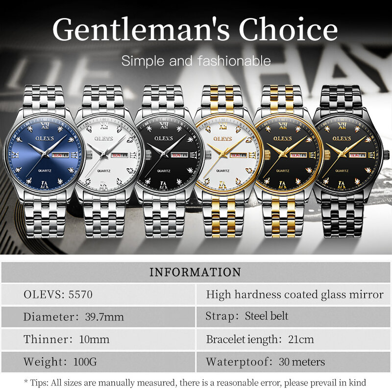 OLEVS Stainless Steel Strap Great Quality Watches for Men Waterproof Quartz Fashion Men Wristwatches Calendar Week Display