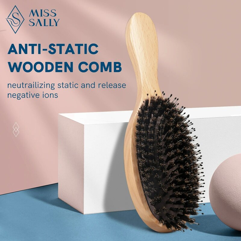 Miss Sally Houten Hair Brush Anti-Statische Hoofdhuid Massage Kam Met Varkenshaar Luchtkussen Kam Voor Vrouwen Mannen nat En Droog Haar