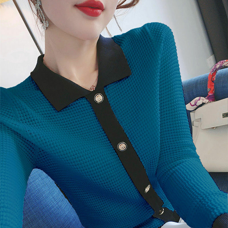 Camicetta lavorata a maglia allentata con bottoni impiombati con risvolto alla moda abbigliamento donna 2022 autunno nuovi pullover Casual All-match Office Lady Shirt