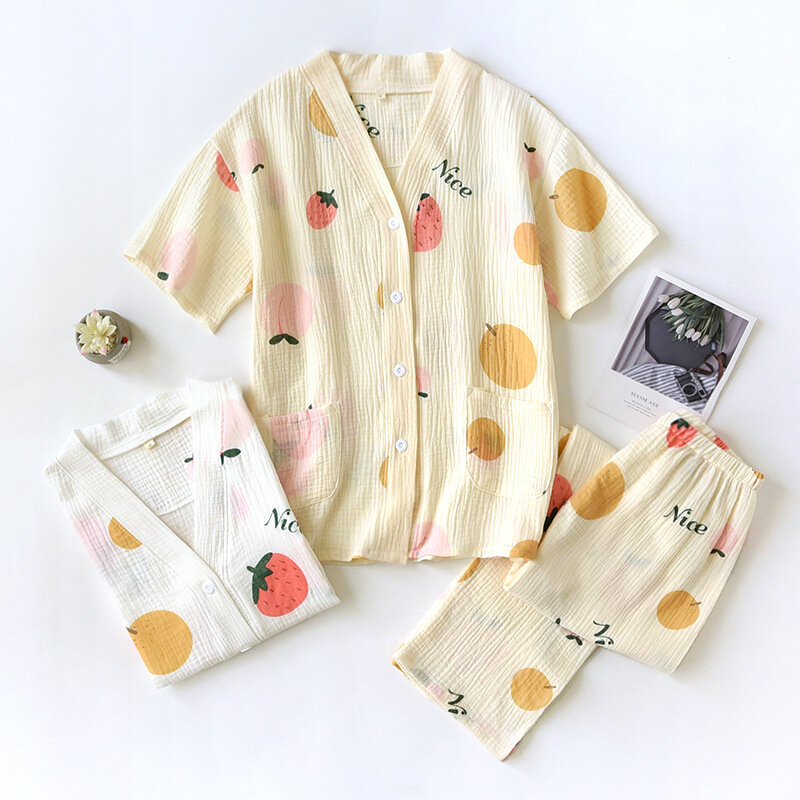 Pijamas de manga corta y pantalones para mujer, conjunto de dos piezas de crepé 100% de algodón, ropa sencilla para el hogar, primavera y verano