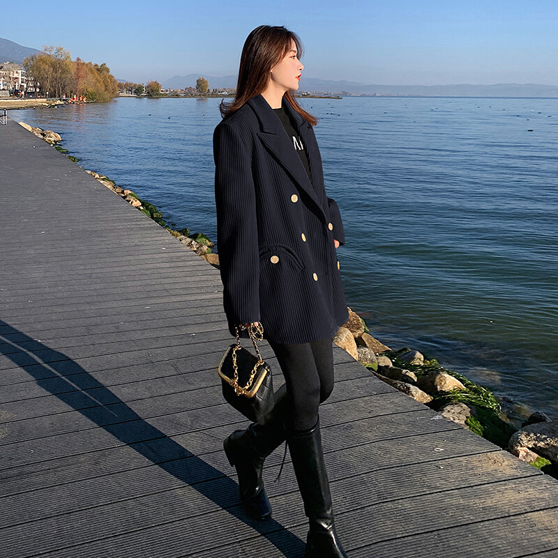 Abrigo de pana de estilo universitario clásico para mujer, medio largo abrigo de lana, ajuste suelto, botonadura única, coreano, otoño e invierno, nuevo