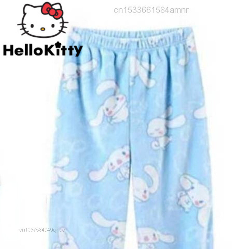 Sanrio-pantalones de pijama azul de felpa suave para mujer, pantalón de tubo suelto de franela, Harajuku, Kawaii, Y2k