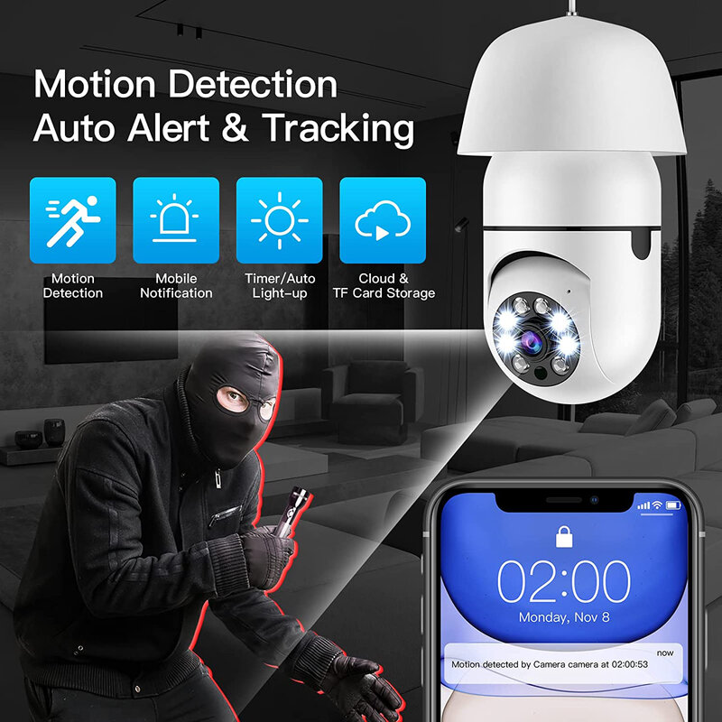 Cámara de vigilancia con bombilla E27 para el hogar, videocámara de vigilancia con visión nocturna, seguimiento humano automático, Zoom Digital, 1080P, Wifi