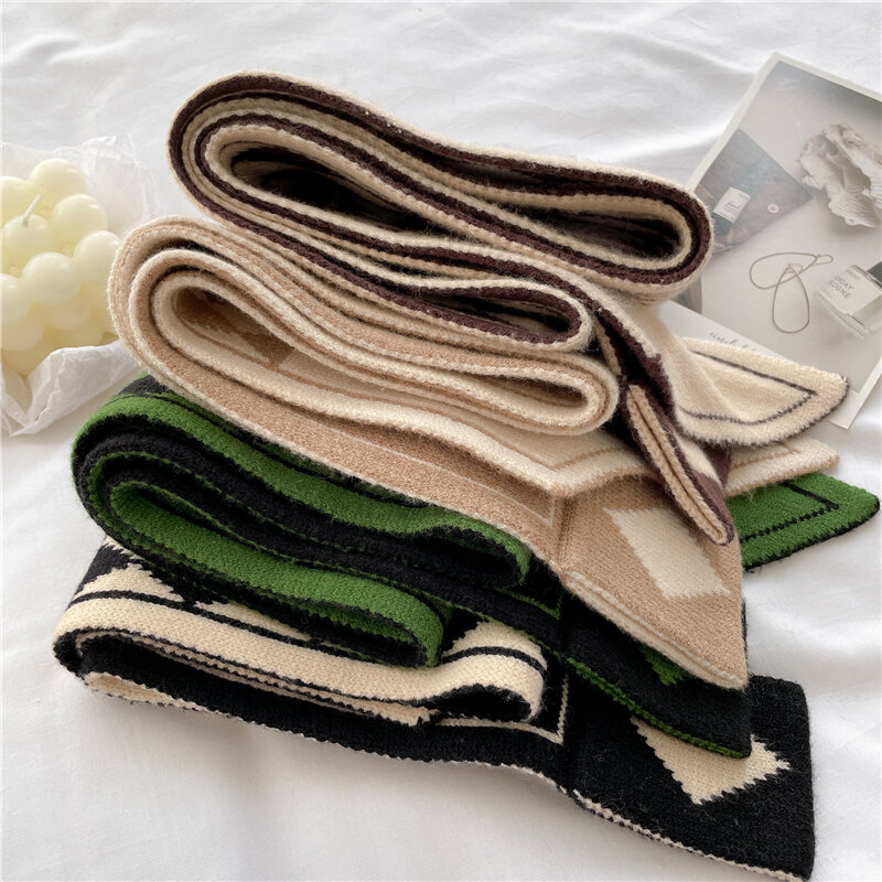 Lenço de malha de cashmere macio de luxo para mulheres design impressão pequena gravata de pescoço magro feminino lã fio elasticidade lenço bandana