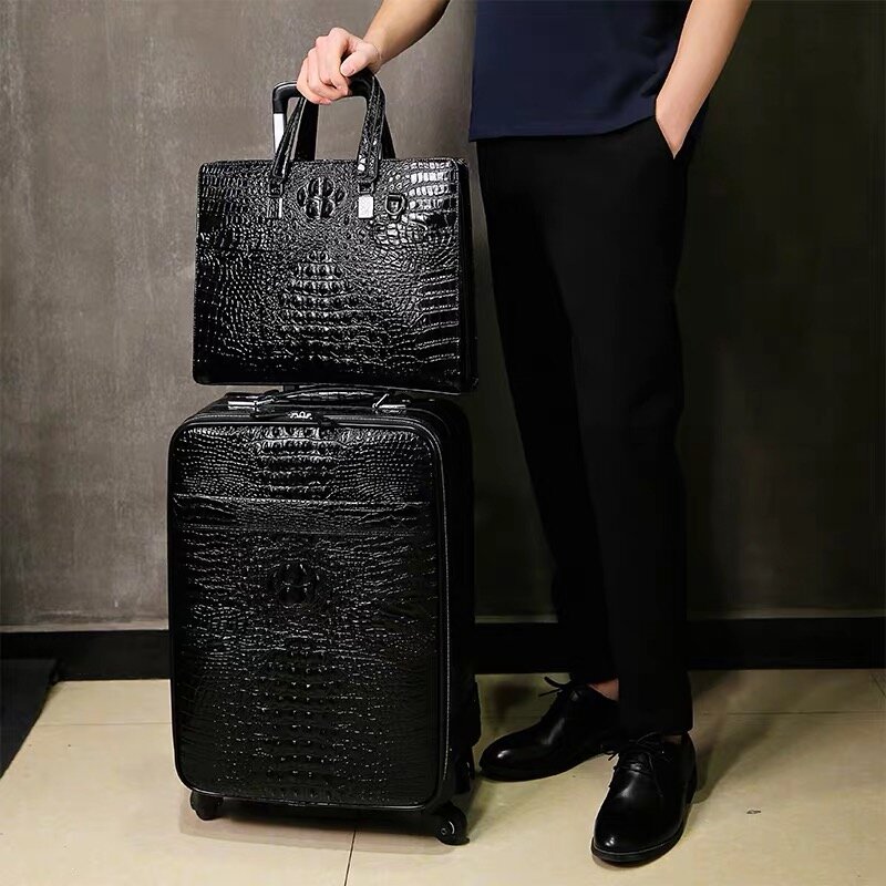 100% Real Leather travel luggage with handbag men head cowhide universal wheel crocodile pattern suitcase 20 inch boarding case