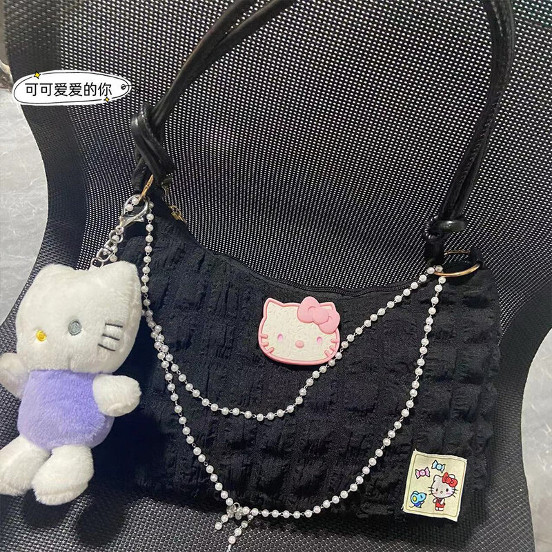 Sanrio-Bolso de hombro de Hello Kitty, bolsa de mano con cadena de perlas de Color de contraste, a la moda, paquete de gran capacidad, regalos