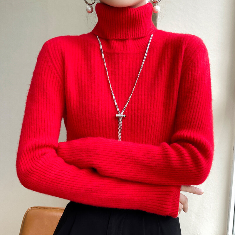 Kerah Wol Rajutan Bawah Kemeja Wanita Wol Murni Sweater Pullover Ramping Di Musim Gugur dan Musim Dingin Baru Empuk Di Dalam
