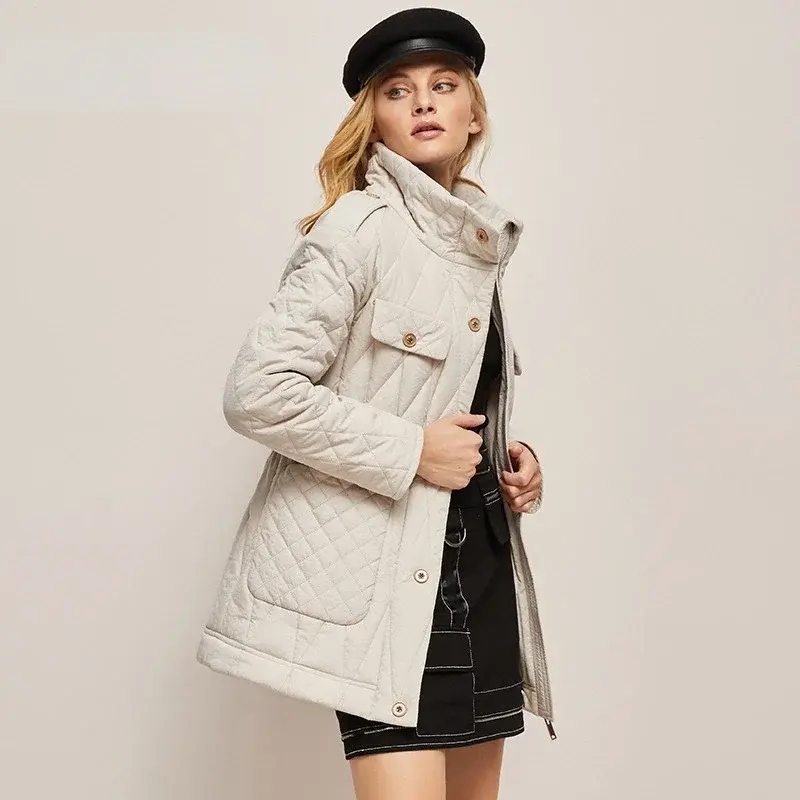 Mantel panjang wanita, jaket wanita Rhombus Midi kasual kerah berdiri, sabuk pinggang dapat disesuaikan, mantel salju musim dingin