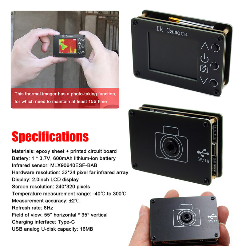 MLX90640 kamera pencitraan termal inframerah, alat pencitraan termal 1.8 inci LCD 160*120 resolusi-40 ℃ hingga 300 ℃ Definition