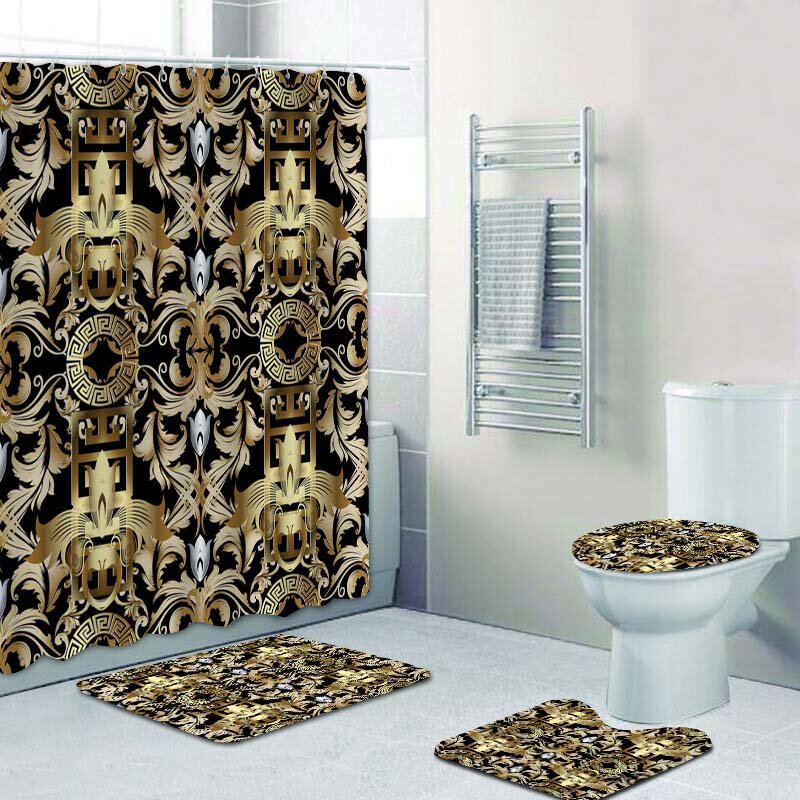 3d luxo preto ouro grego chave meander banheiro cortinas de chuveiro conjunto cortina para o banheiro moderno geométrico ornamentado banho tapete decoração