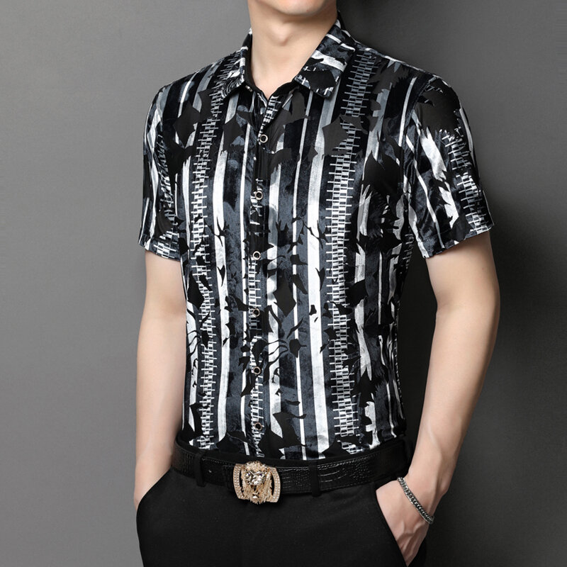 Новая высококачественная мужская летняя рубашка с коротким рукавом для отдыха без утюга из ледяного шелка деловая Облегающая рубашка
