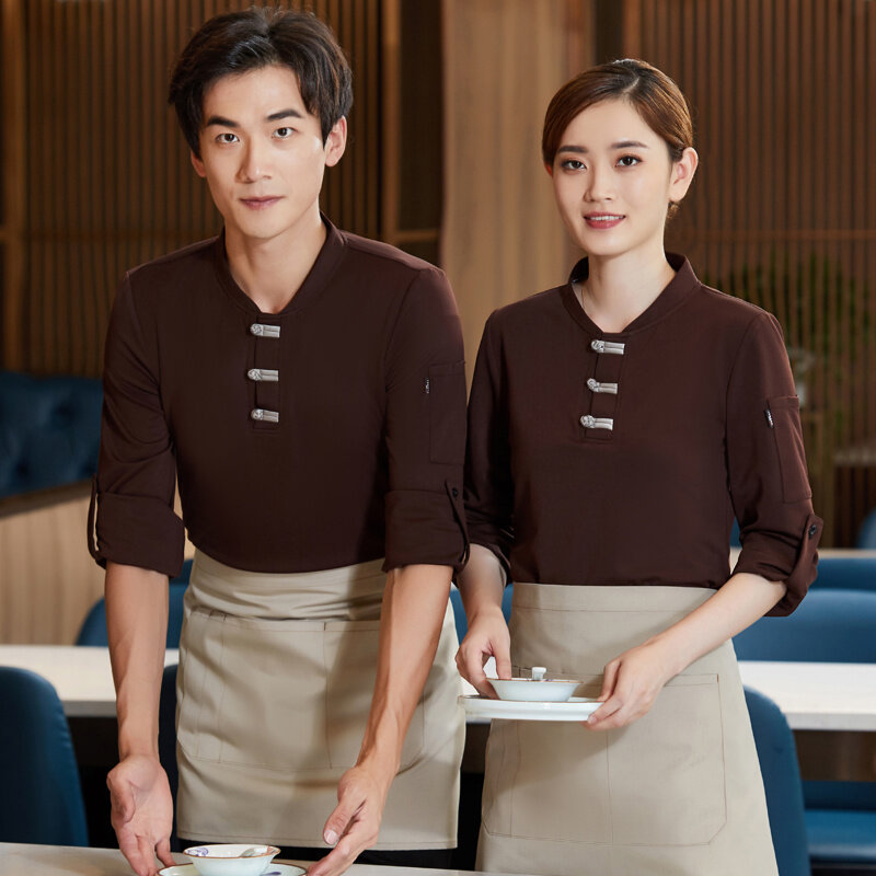 ملابس عمل لموظفي المطاعم طويلة الأكمام الإناث الصينية مطعم نادلة موحدة + المئزر مجموعة Hotpot فندق النادل عمال