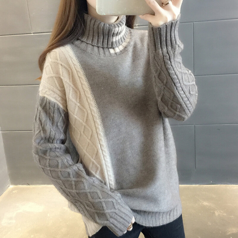 New Stand Neck Women's Tops Long Sleeve Clothes Loose Pullover Knitted Bottoming Shirts Color Matching Knitted Sweaters 603J