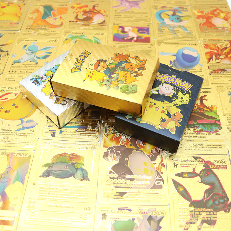 Caja de cartas de Pokémon en español, inglés, oro y plata, 27-55 piezas, Pikachu Charizard Vmax, caja de lata portátil, juguetes de batalla, colección de pasatiempos