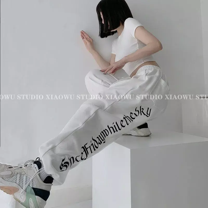 Pantalon de survêtement blanc pour serpillière, survêtement à cordon de serrage, grande taille, vêtements Y2K, esthétique, jambes larges, décontracté, Couple sauvage