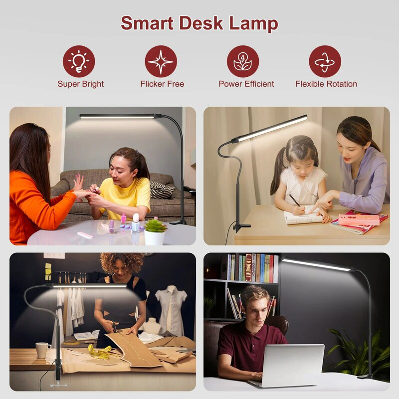NEWACALOX-Lámpara LED de escritorio con abrazadera, luz Tabl con cuello de cisne ajustable de 360 °, 12W, para cuidar los ojos, 3 modos de Color, 10 niveles de brillo de memoria