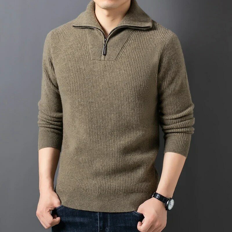 Утолщенная модная мужская зимняя рубашка на молнии с воротником-стойкой, жаккардовая трендовая вязаная рубашка, мужской теплый свитер