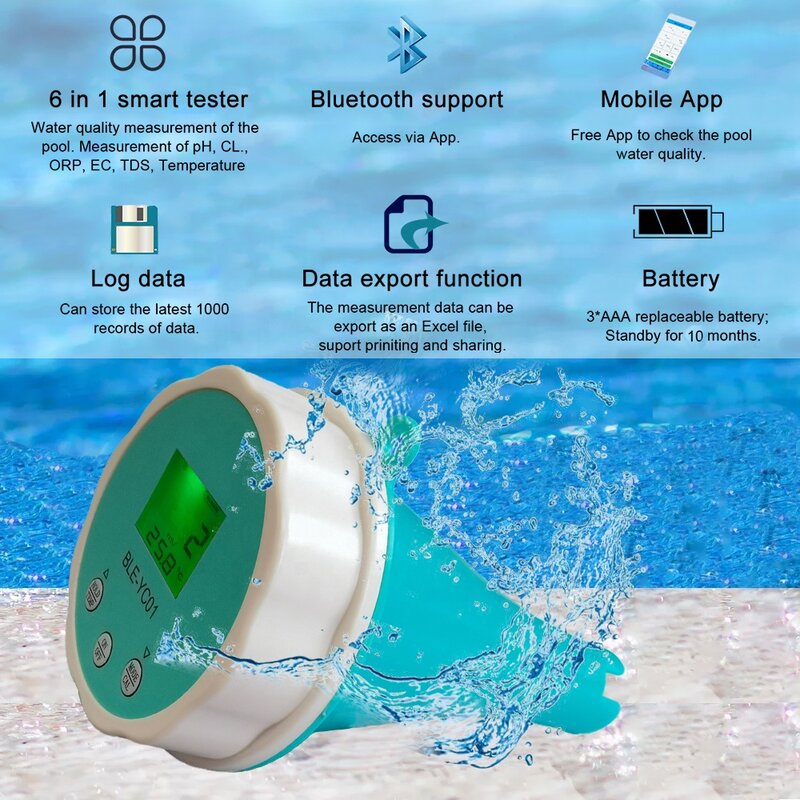 Analizzatore di acqua galleggiante per piscina intelligente 6 in 1 pH cloro EC TDS ORP TEMP Tester per acqua per piscina termale con App Bluetooth