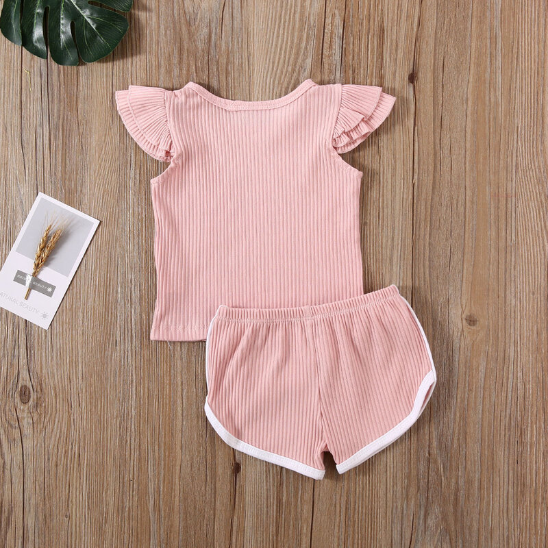 여름 유아 아기 소녀 소년 의류 세트, 프릴 반팔 풀오버 티셔츠 반바지 솔리드 의상 2020 신상품