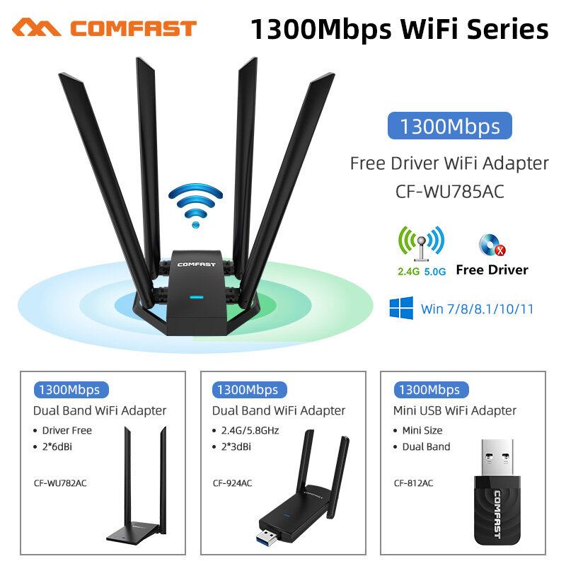 Comfast 1300 Мбит/с USB WiFi адаптер приемник сетевой карты двухдиапазонный 2,4G/5 ГГц 4 * 6dbi антенны для ноутбука Настольный ПК Win7/8/10/11