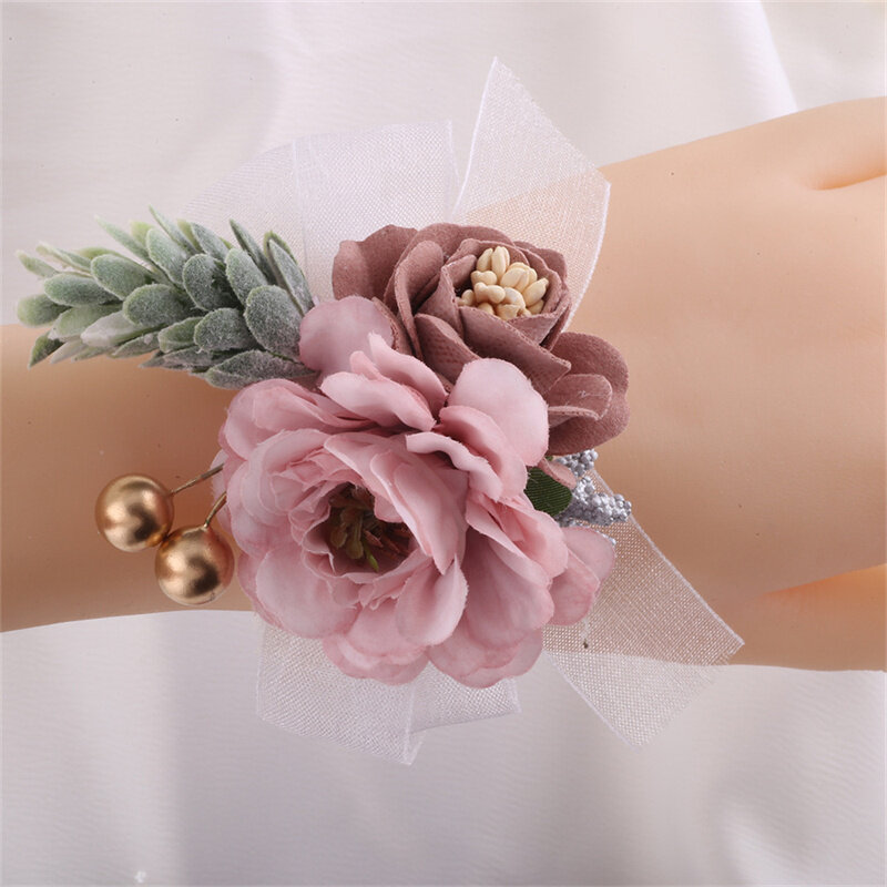 VOHSIAHPO Pink Wrist Corsage Boutonniere Set Marriage Bridesmaid  Wrist Strap Men Brooch Artificial Flower Wedding Accessories