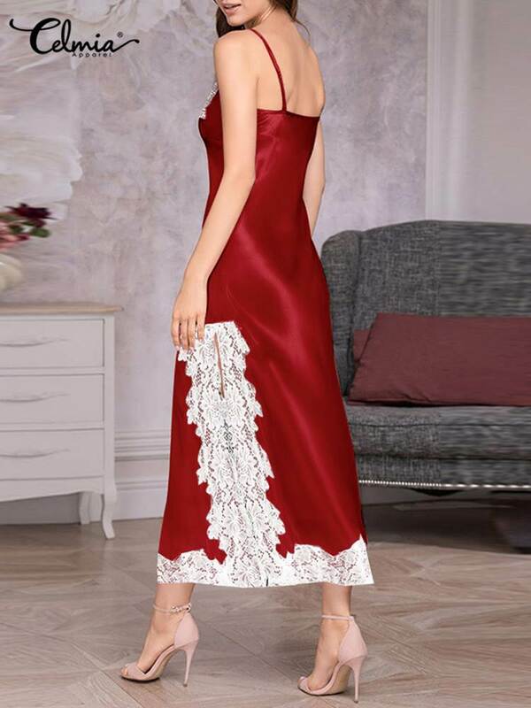 Celmia Spaghetti Straps 2022 New Long Sleepdress Satin Sexy Sleeveless Soft Dress Leisure Women Stitching Lace Sling Nightgowns