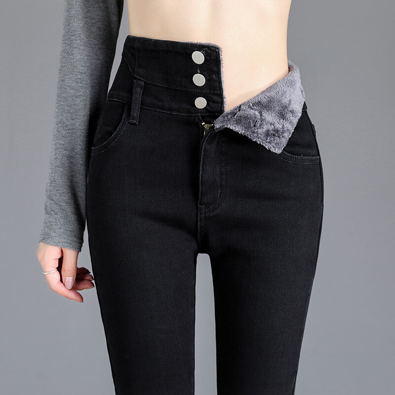 Inverno Engrossar Jeans Mulheres Velo de Alta qualidade Alta-cintura Quente Skinny Jeans Stretch Button Calças Lápis Mom Casual Jeans De Veludo