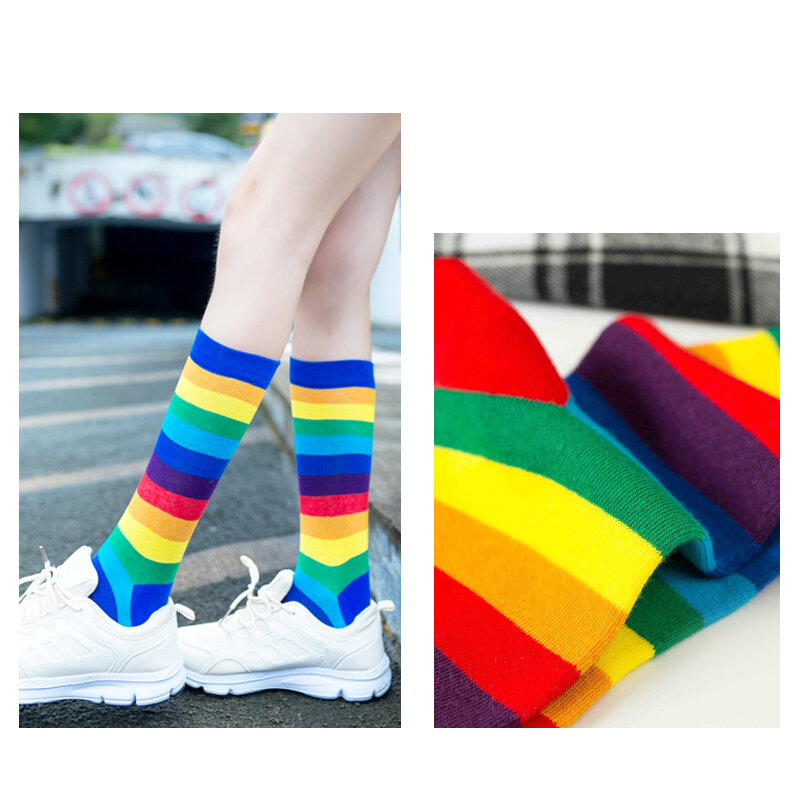 ถุงเท้ากีฬา Rainbow Hop สตรีถุงเท้าสบายๆสะโพกถุงเท้าที่มีสีสัน Retro เข่าถุงน่องยืดหยุ่น
