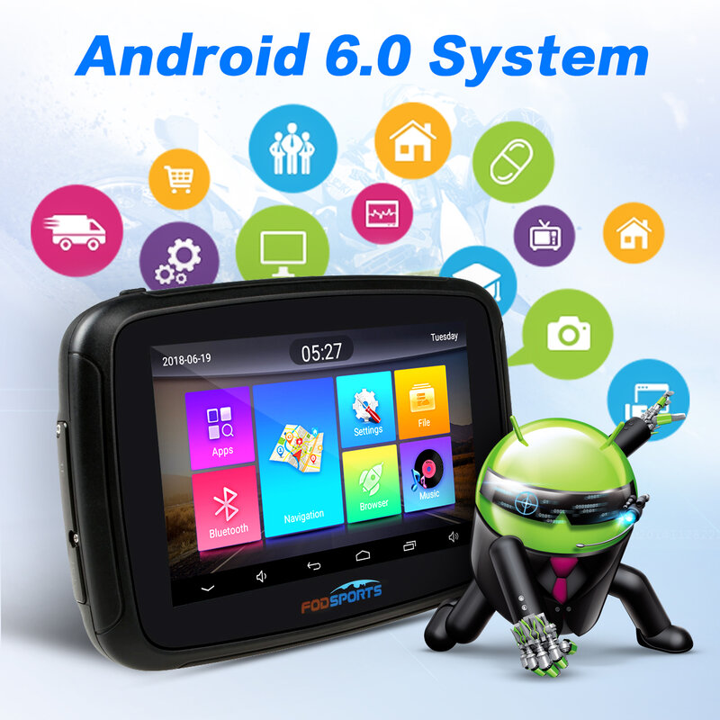Fodsports-GPS impermeable para motocicleta, navegador con bluetooth, IPX7, 5 pulgadas, Android 6.0, 1GB de RAM + 16GB, flash, mapa gratis