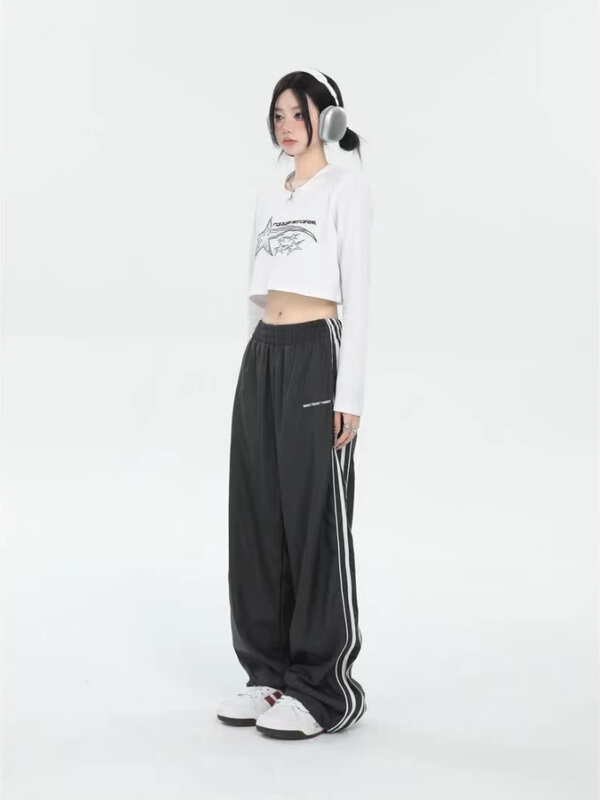 Женские спортивные брюки Y2K Tech, корейская мода, уличная одежда, спортивные брюки с парашютом в стиле Харадзюку, винтажные спортивные штаны с широкими штанинами, одежда