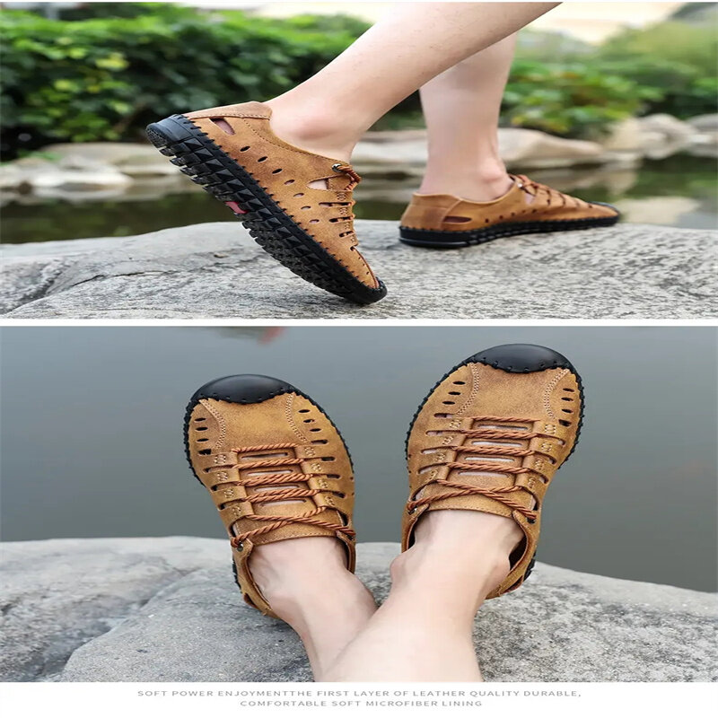 Sapatos para homem verão couro genuíno praia ao ar livre sandálias masculinas flip-flops casual saúde plataforma adolescente calçados plus size-48