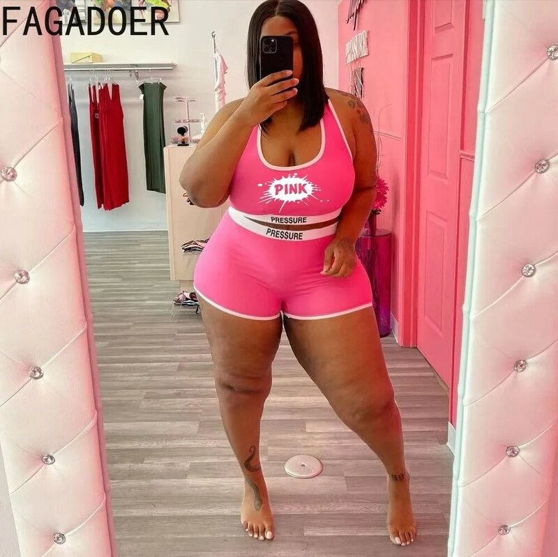 Fagadoer Plus Size Shorts Tweedelige Sets XL-5XL Vrouwen Roze Brief Print Vest En Korte 2 Stuks Outfit Zomer Sexy slanke Kleding 2022