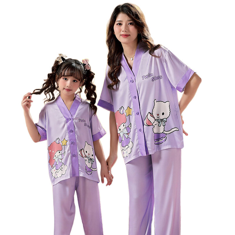 Pakaian keluarga yang cocok dengan pakaian ibu anak perempuan musim panas mode Korea setelan rumah piyama pakaian tidur lembut keren ibu dan anak perempuan