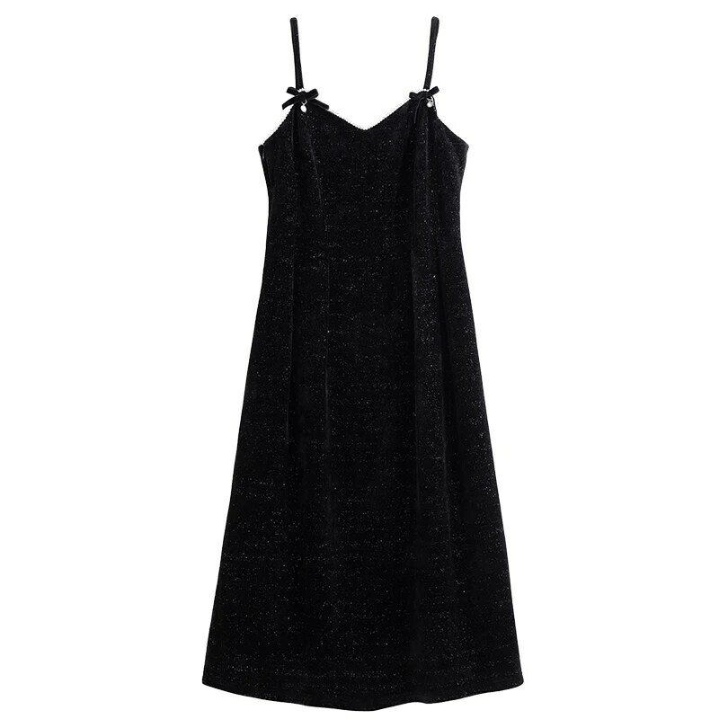 DUSHU-vestido de terciopelo de dos piezas para mujer, prenda con escote en V, diseño de cintura intermitente, falda larga negra de línea A, Chaqueta corta