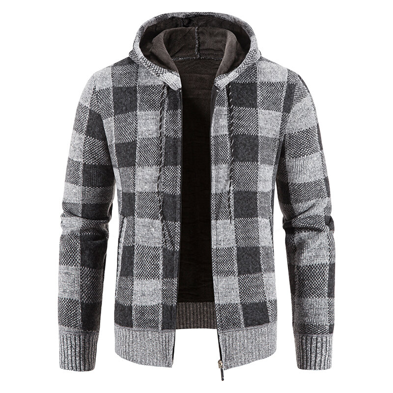 Мужской Клетчатый свитер с капюшоном, осенне-зимний флисовый утепленный шерстяной свитер, куртка на молнии, модная повседневная мужская од...