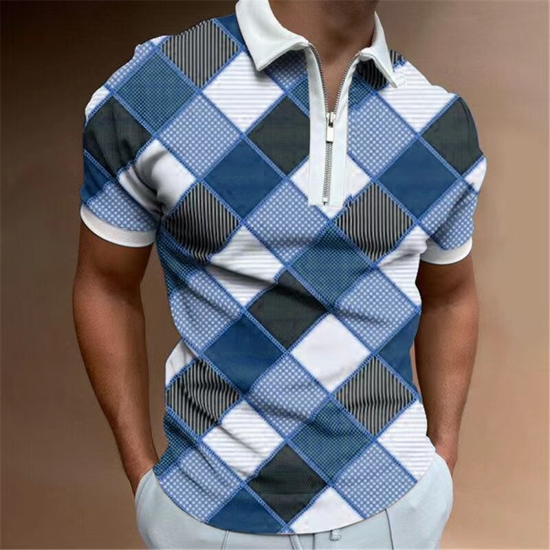 Verão nova impressão masculina xadrez camiseta casual manga curta turn-down collar zíper polo camisa de alta qualidade masculina streetwear topos