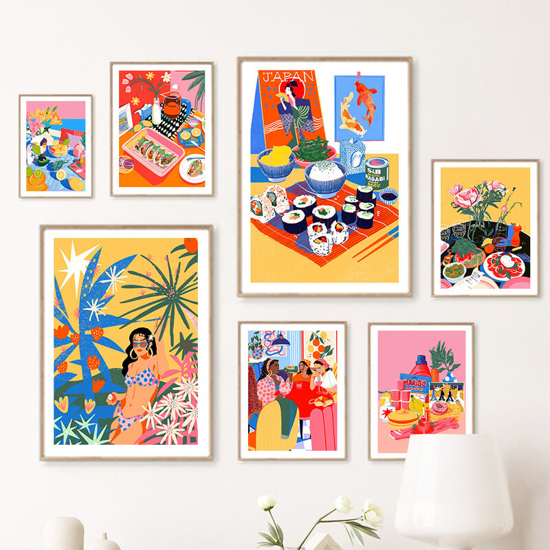 Tacos – peinture sur toile murale japonaise, Cuisine japonaise, Sushi, vin, Club de filles, affiches et imprimés nordiques, photos murales, décor de salon