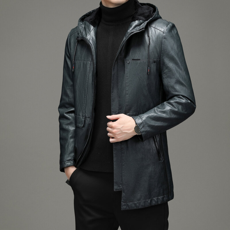 Haining inverno de couro para baixo jaqueta masculina meados de comprimento com capuz destacável para baixo forro de penas quente lazer casaco de couro masculino