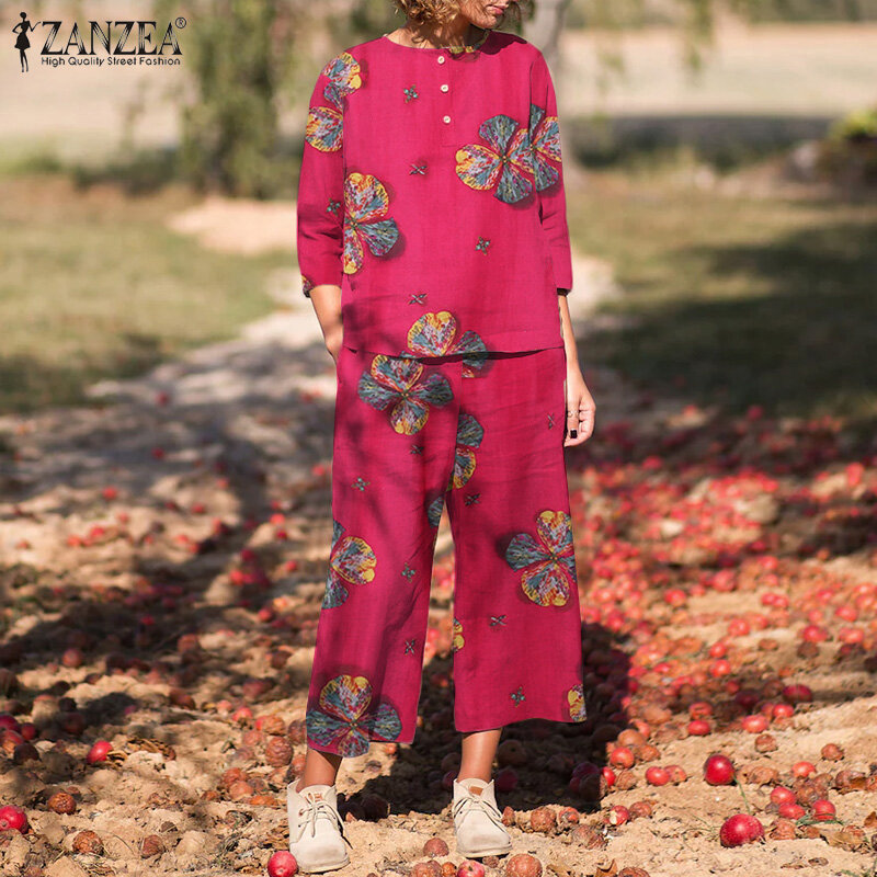 ZANZEA – ensemble Vintage en coton imprimé Floral pour femmes, 2 pièces assorties, élégant, haut à manches 3/4, taille élastique, pantalon, décontracté