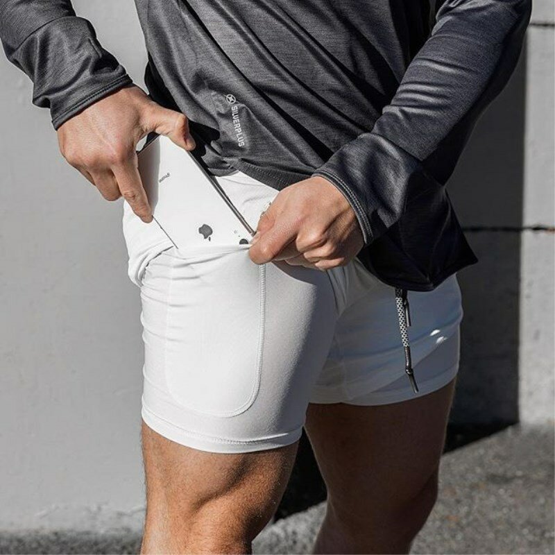 Nova aptidão correndo shorts masculinos apertado falso de duas peças de treinamento de cinco pontos calças verão calções de dupla camada de secagem rápida