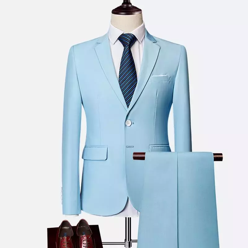 Ropa de trabajo informal de negocios para hombre, traje ajustado de Color sólido de talla grande, conjunto de 2 piezas para novio de Boda (chaqueta + Pantalones) S-2019