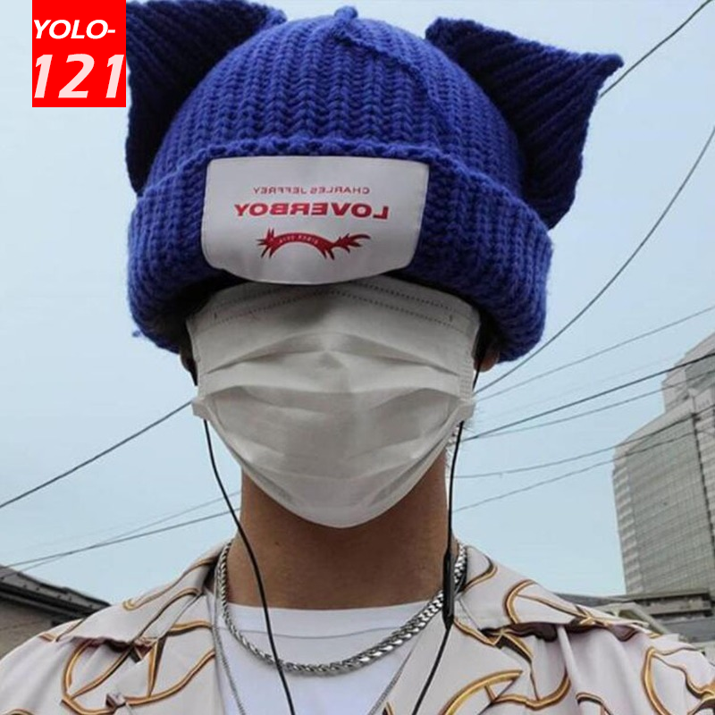 Loverboy-Bonnet en tricot à double couche avec oreille de chat, bonnet en laine chaud avec oreille de over, casquette à capuche mignonne, design de niche, hip-hop, personnalité, froid