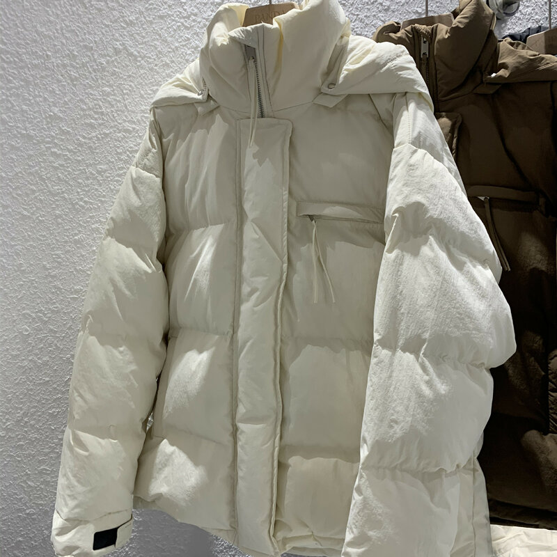 Jaket bertudung untuk wanita, mantel parka tahan angin termal ritsleting kecil roti putih bebek wanita musim dingin