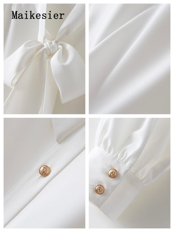 Camisa de satén con botones para mujer, blusa holgada de Color liso con solapa y lazo, ropa elegante para primavera y verano, novedad