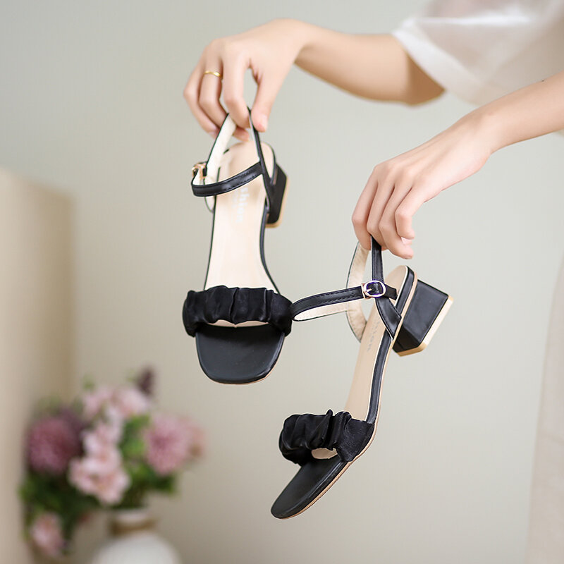Sandalias de tacón alto con lazo y hebilla en el tobillo para mujer, zapatos de punta abierta, talla grande