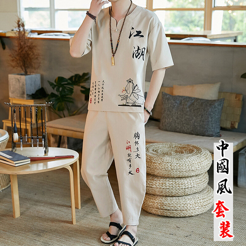 Terno de linho tradicional chinês para homens, estilo hanfu, camiseta branca, roupas de kungfu, algodão, verão