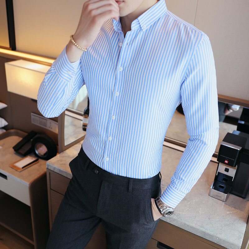 Мужская рубашка в полоску, классическая удобная мягкая Повседневная рубашка с пуговицами, модные блузки, топы, новинка 2022
