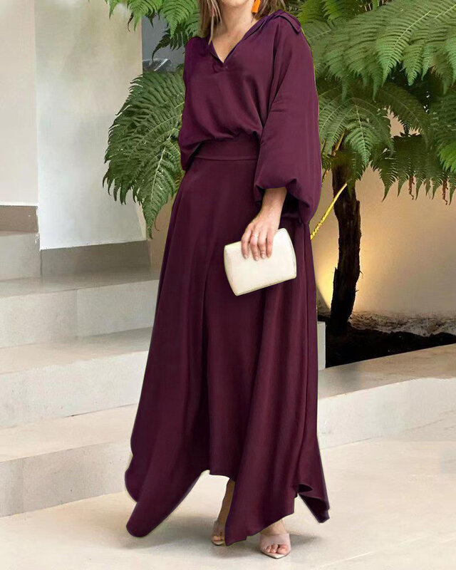 2022 nova moda feminina conjunto de duas peças solto manga longa topo elegante saia longa conjunto alta streetwear vestido terno feminino