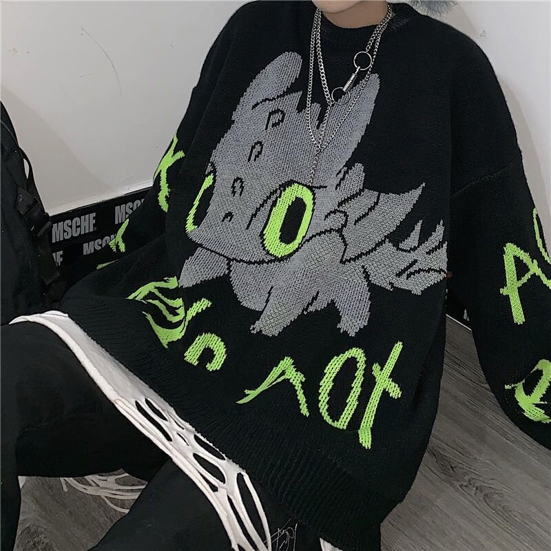 韓国の漫画の歯ブラシのない黒のドラゴンセーター,特大のy2kセーター,ニットフード付きセーター,原宿の服